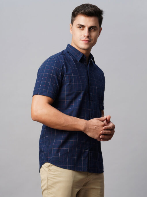 Men's Navy Cotton Regular Fit Checked Shirt - Image 4