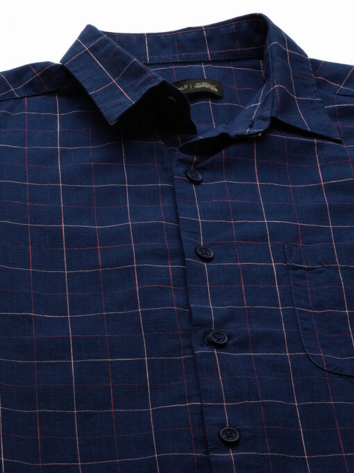 Men's Navy Cotton Regular Fit Checked Shirt - Image 8