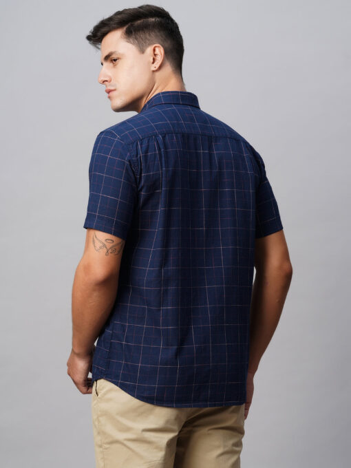 Men's Navy Cotton Regular Fit Checked Shirt - Image 5