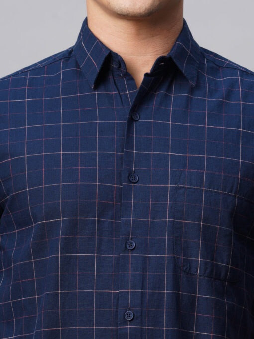 Men's Navy Cotton Regular Fit Checked Shirt - Image 6