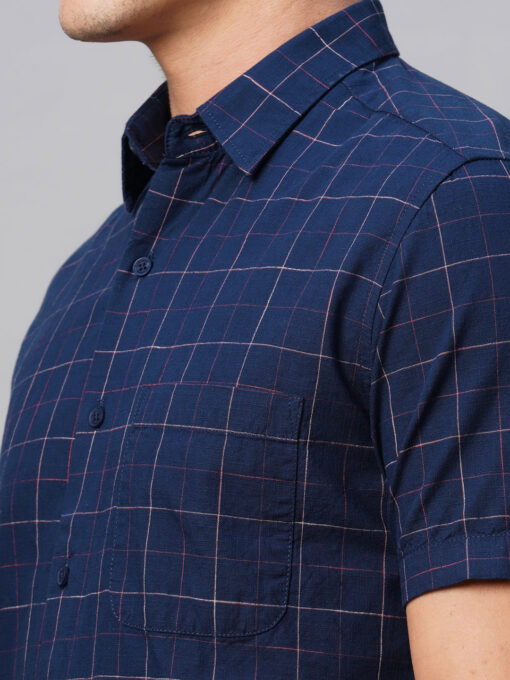 Men's Navy Cotton Regular Fit Checked Shirt - Image 7