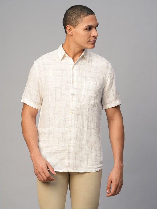 Men's White 100% Linen Regular Fit Checked Shirt - Image 2