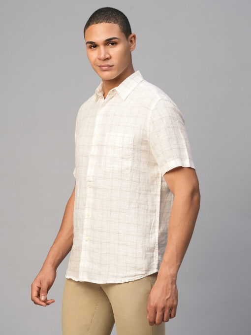 Men's White 100% Linen Regular Fit Checked Shirt - Image 3