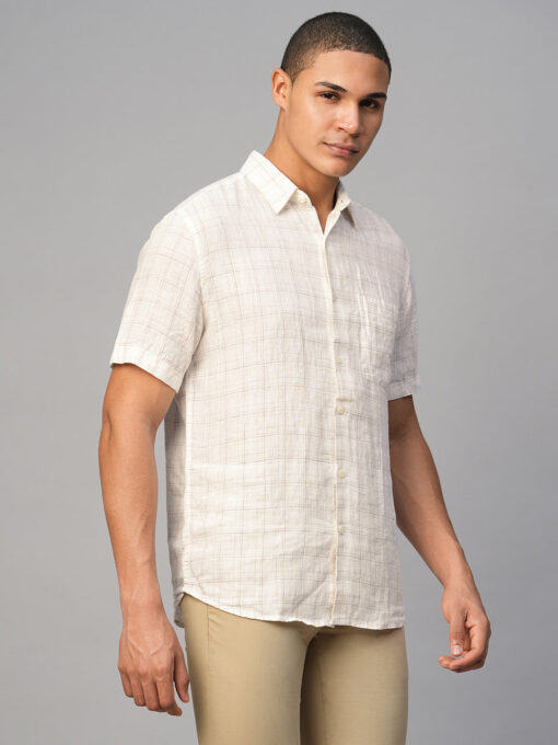 Men's White 100% Linen Regular Fit Checked Shirt - Image 4