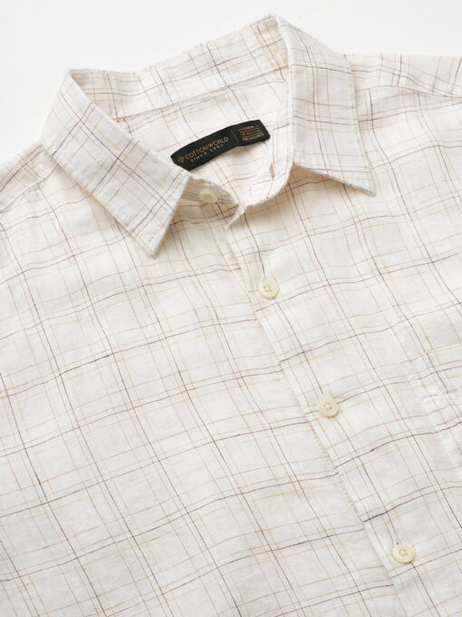 Men's White 100% Linen Regular Fit Checked Shirt - Image 8