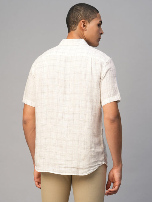 Men's White 100% Linen Regular Fit Checked Shirt - Image 5