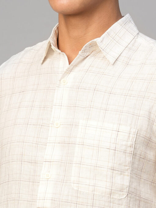 Men's White 100% Linen Regular Fit Checked Shirt - Image 7