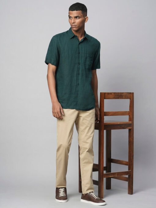 Men's Darkgreen 100% Linen Regular Fit Shirts