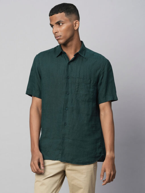 Men's Darkgreen 100% Linen Regular Fit Shirts - Image 2