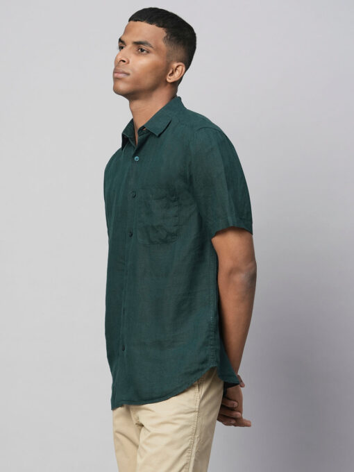 Men's Darkgreen 100% Linen Regular Fit Shirts - Image 3