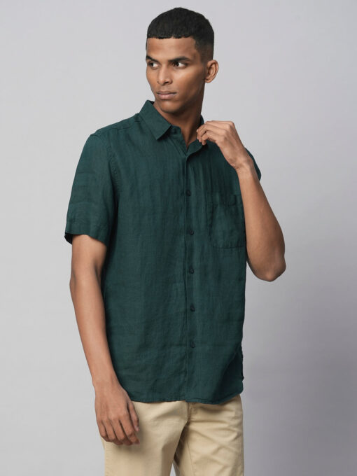 Men's Darkgreen 100% Linen Regular Fit Shirts - Image 4