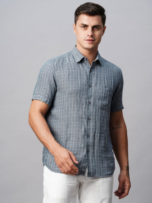 Men's 100% Linen Regular Fit Grey Checked Shirt - Image 2