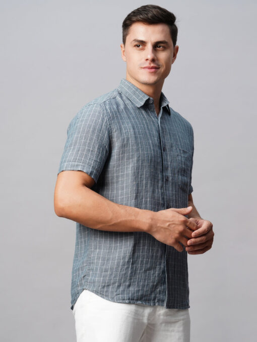 Men's 100% Linen Regular Fit Grey Checked Shirt - Image 4