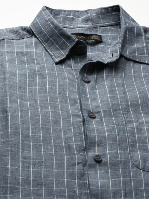 Men's 100% Linen Regular Fit Grey Checked Shirt - Image 8