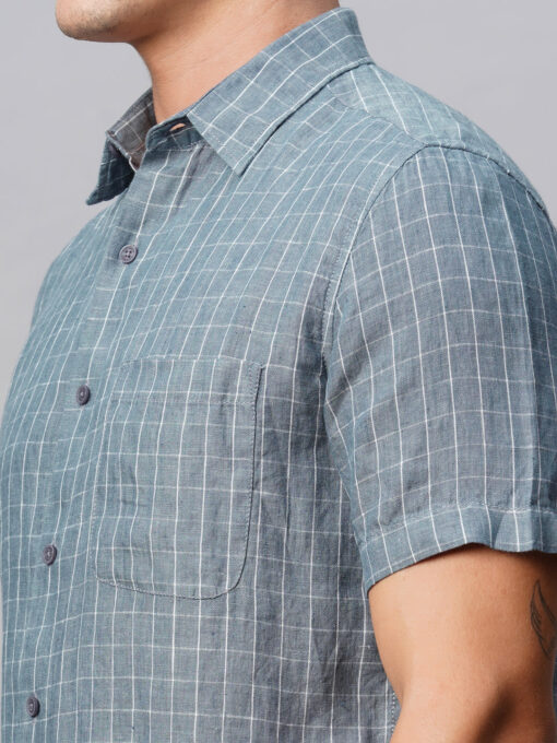 Men's 100% Linen Regular Fit Grey Checked Shirt - Image 7