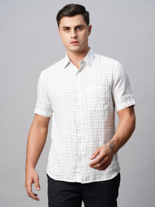 Men's 100% Linen Regular Fit White Checked Shirt - Image 2