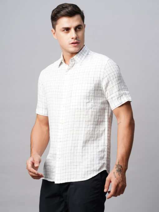 Men's 100% Linen Regular Fit White Checked Shirt - Image 3