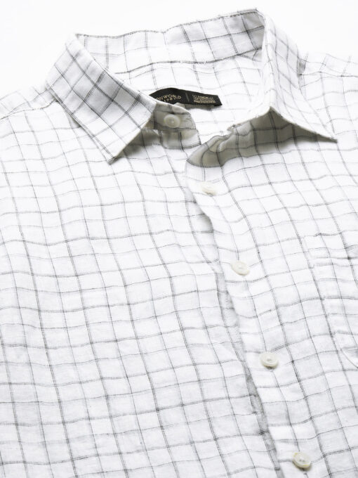 Men's 100% Linen Regular Fit White Checked Shirt - Image 8