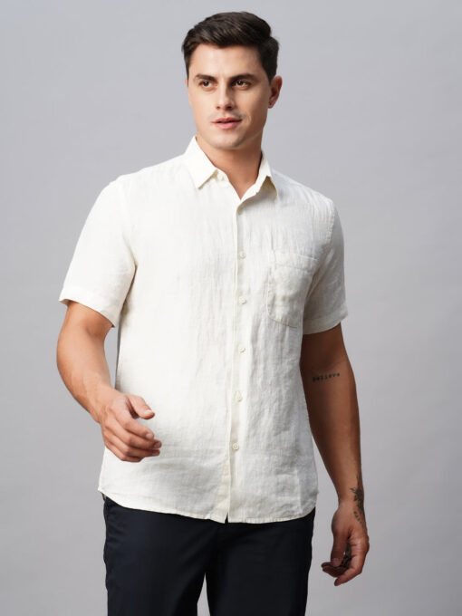 Men's Offwhite 100% Linen Regular Fit Striped Shirt - Image 2