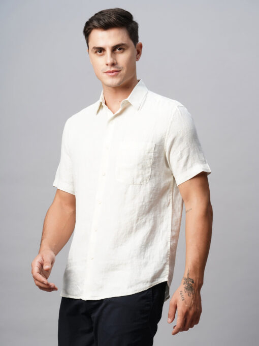 Men's Offwhite 100% Linen Regular Fit Striped Shirt - Image 3