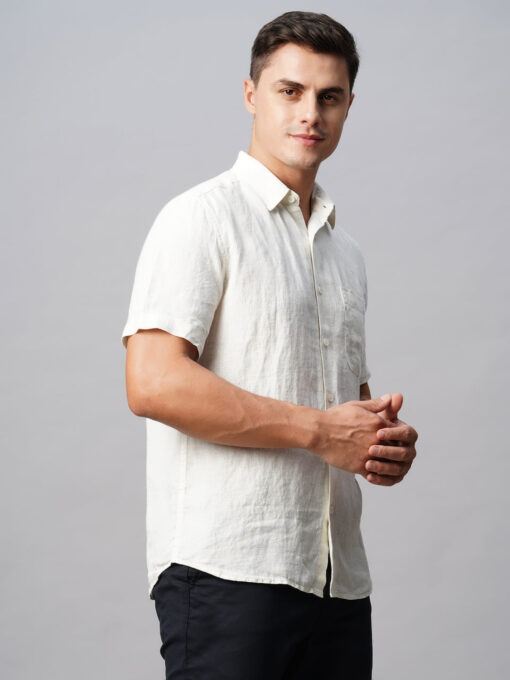 Men's Offwhite 100% Linen Regular Fit Striped Shirt - Image 4