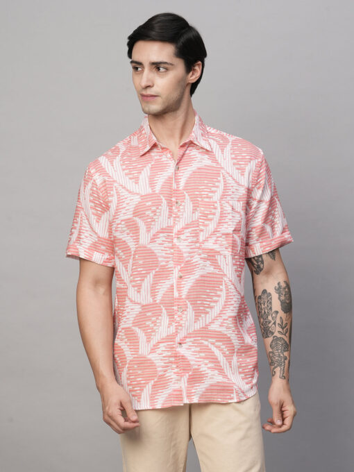 Men's Pink Lyocell Linen Regular Fit Printed Shirt - Image 2