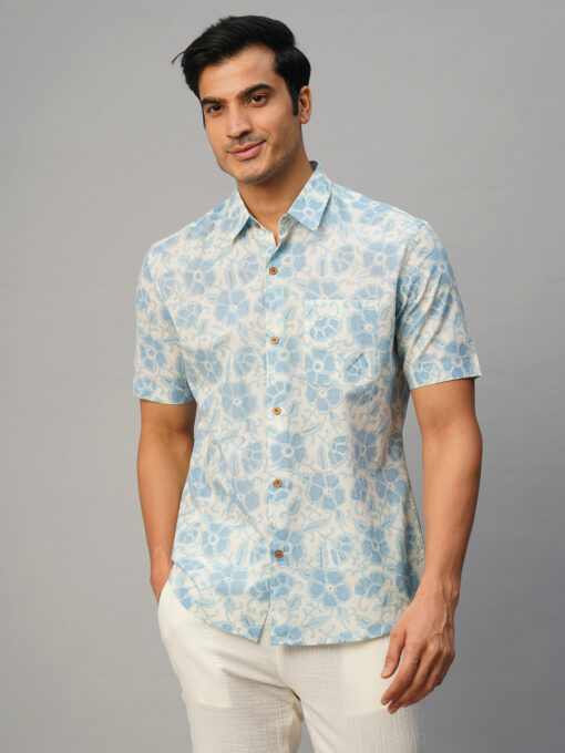 Men’s Cotton Hand Block Printed Regular Fit Blue Shirt - Image 3