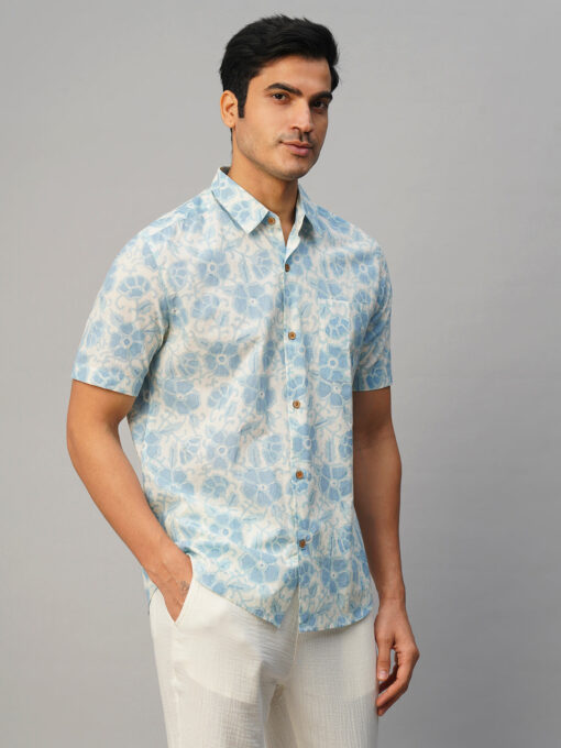 Men’s Cotton Hand Block Printed Regular Fit Blue Shirt - Image 5