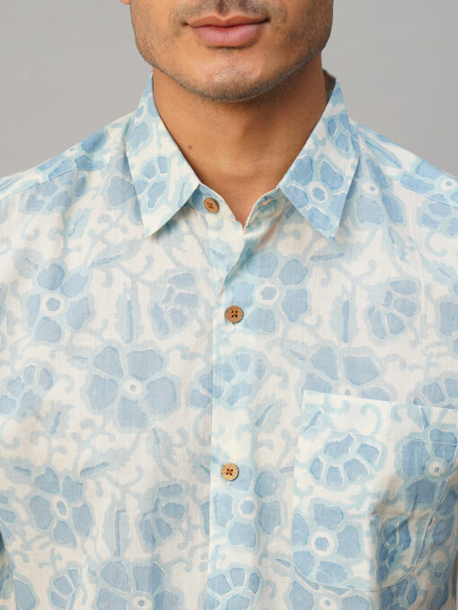 Men’s Cotton Hand Block Printed Regular Fit Blue Shirt - Image 7