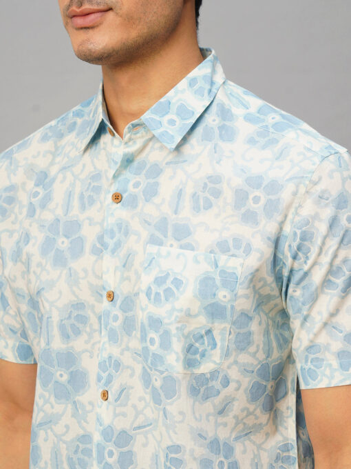 Men’s Cotton Hand Block Printed Regular Fit Blue Shirt - Image 8