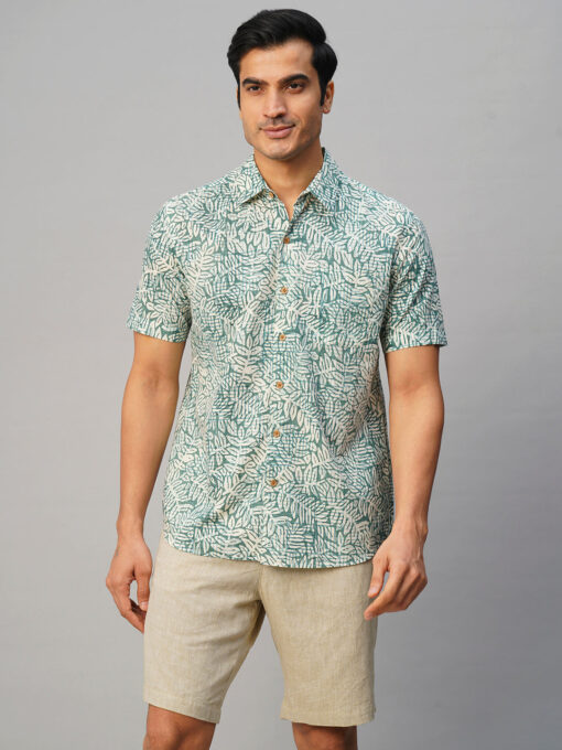 Men’s Cotton Hand Block Printed Regular Fit Green Shirt - Image 3