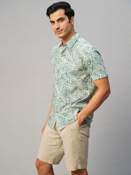 Men’s Cotton Hand Block Printed Regular Fit Green Shirt - Image 4