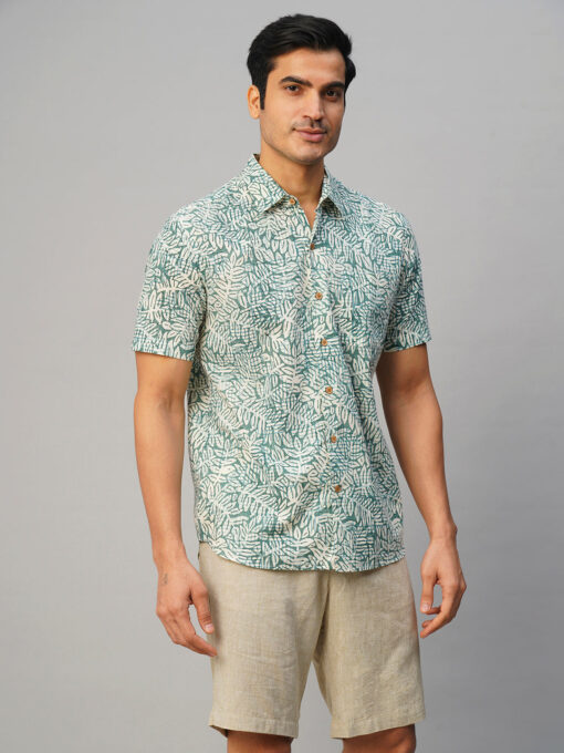 Men’s Cotton Hand Block Printed Regular Fit Green Shirt - Image 5