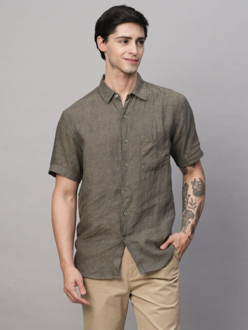 Men's Olive 100% Linen Regular Fit Shirt - Image 2