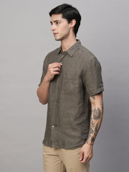 Men's Olive 100% Linen Regular Fit Shirt - Image 3