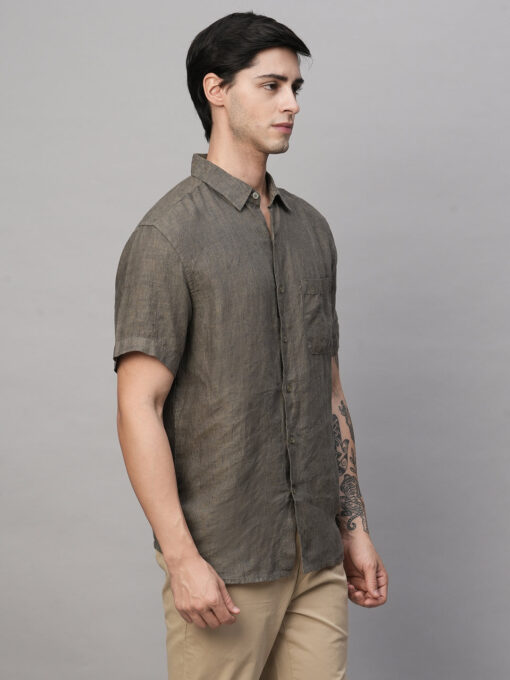 Men's Olive 100% Linen Regular Fit Shirt - Image 4