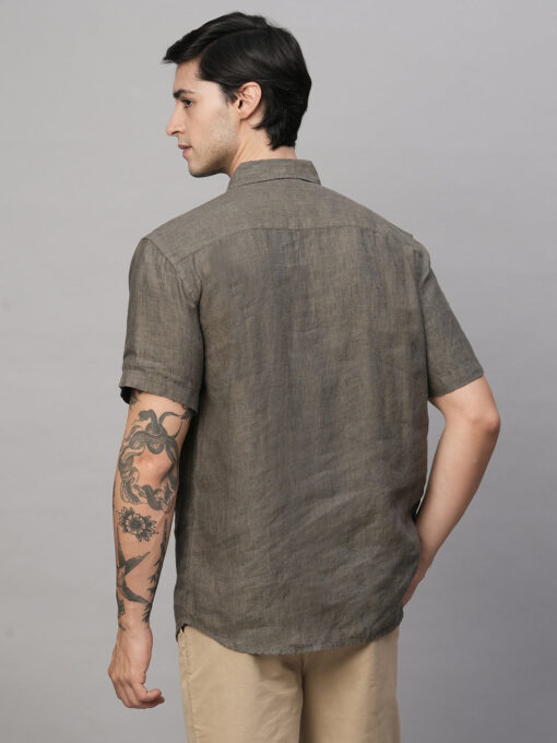 Men's Olive 100% Linen Regular Fit Shirt - Image 5