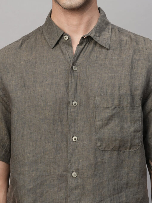 Men's Olive 100% Linen Regular Fit Shirt - Image 6