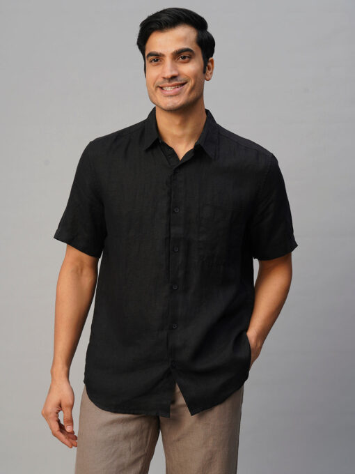 Men's Black 100% Linen Regular Fit Shirt - Image 2