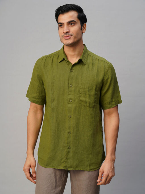 Men's Olive 100% Linen Regular Fit Shirt - Image 2