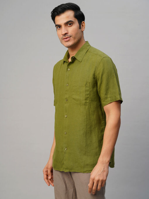 Men's Olive 100% Linen Regular Fit Shirt - Image 3