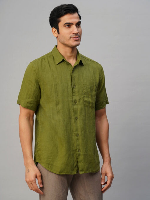 Men's Olive 100% Linen Regular Fit Shirt - Image 4