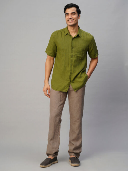 Men's Olive 100% Linen Regular Fit Shirt