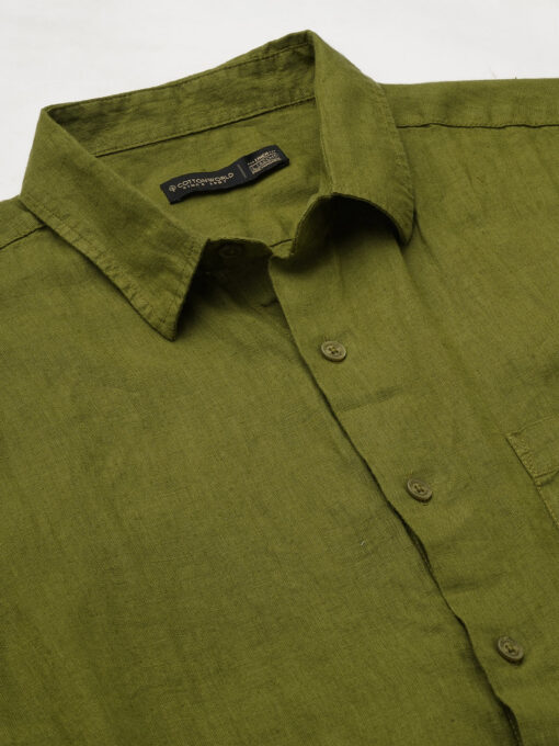 Men's Olive 100% Linen Regular Fit Shirt - Image 8