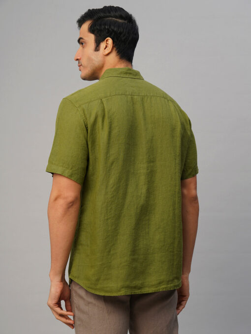 Men's Olive 100% Linen Regular Fit Shirt - Image 5