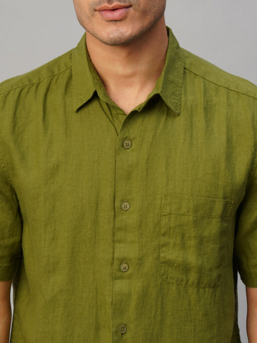 Men's Olive 100% Linen Regular Fit Shirt - Image 6