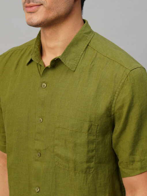 Men's Olive 100% Linen Regular Fit Shirt - Image 7