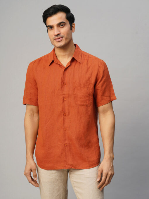 Men's Rust 100% Linen Regular Fit Shirt - Image 2