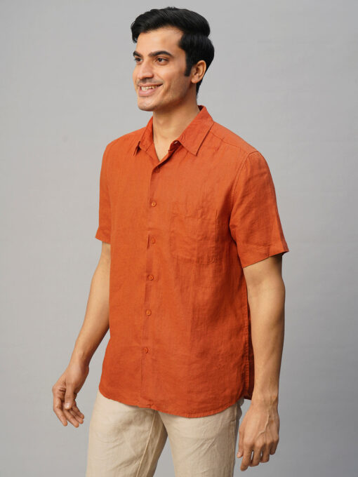 Men's Rust 100% Linen Regular Fit Shirt - Image 3