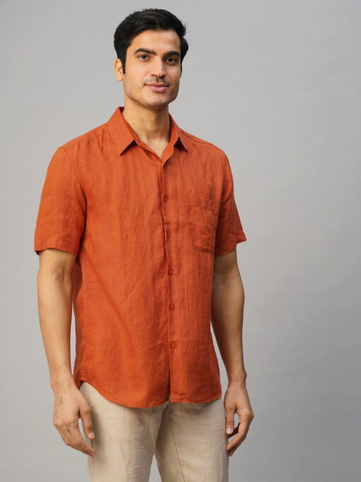 Men's Rust 100% Linen Regular Fit Shirt - Image 4